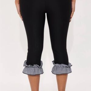 Black Cropped Pants with Gingham Ruffle Hem